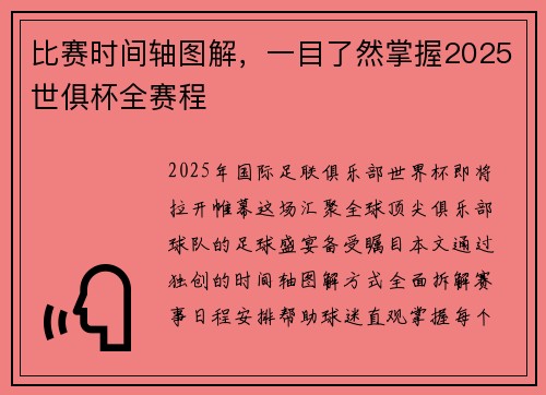比赛时间轴图解，一目了然掌握2025世俱杯全赛程