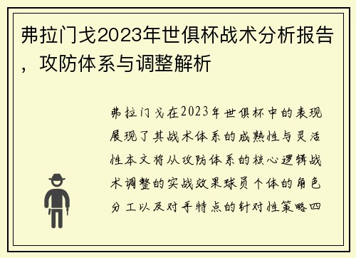 弗拉门戈2023年世俱杯战术分析报告，攻防体系与调整解析