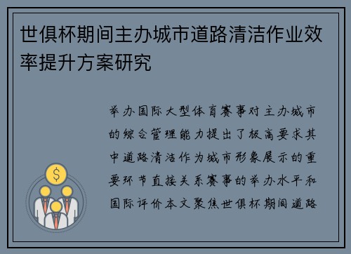世俱杯期间主办城市道路清洁作业效率提升方案研究