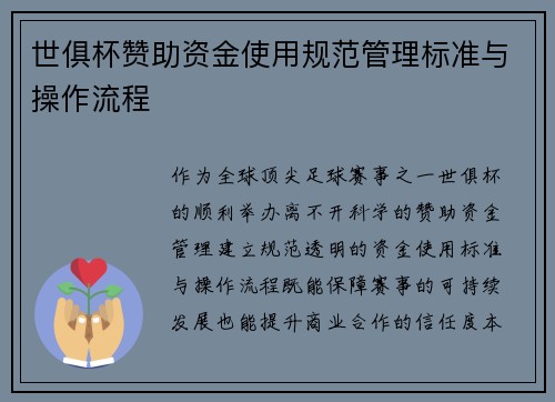 世俱杯赞助资金使用规范管理标准与操作流程