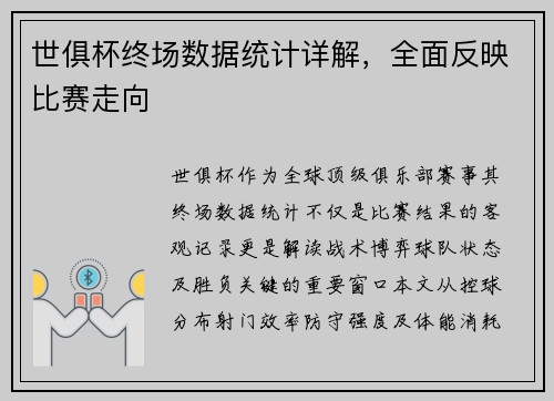 世俱杯终场数据统计详解，全面反映比赛走向